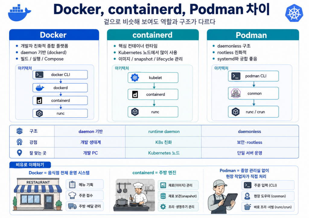 docker containerd podman 차이