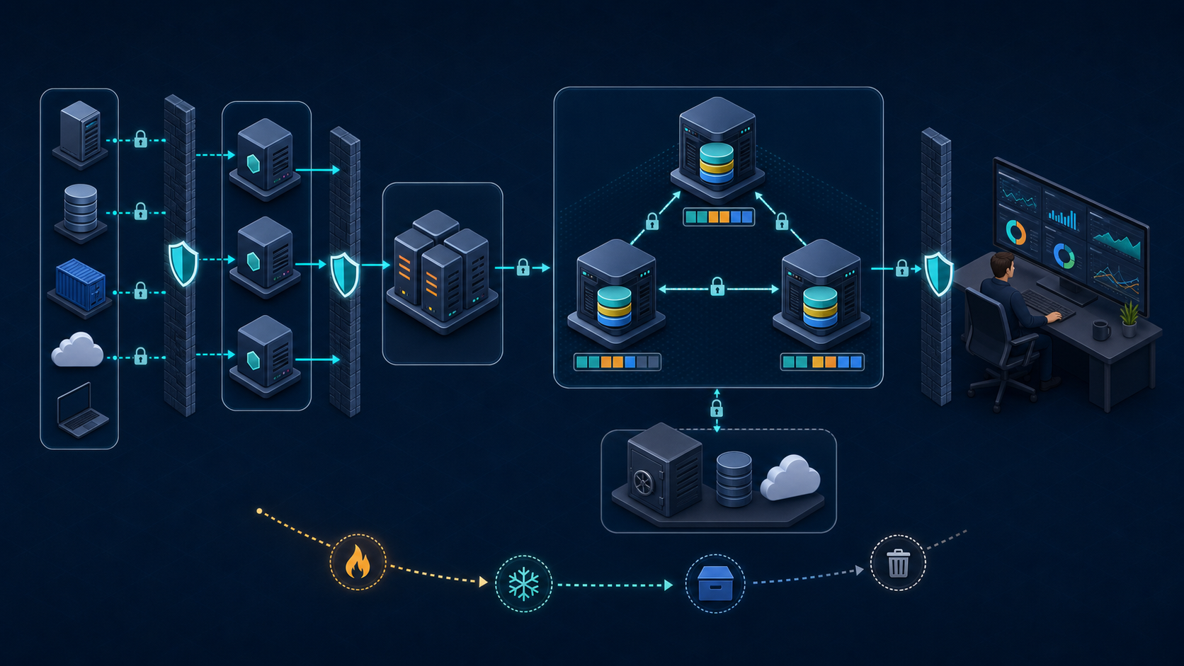 Elastic Stack 구축 구조: TLS 수집 경로, 3노드 Elasticsearch, Kibana, ILM과 외부 스냅샷