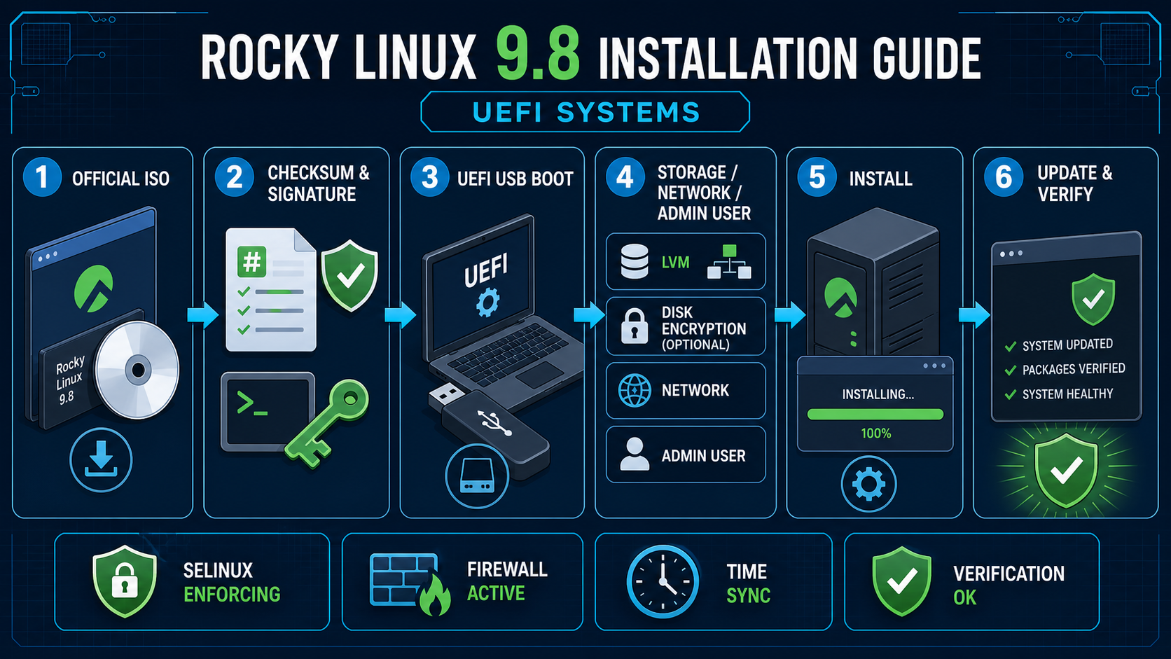 Rocky Linux 설치 절차: ISO 검증, UEFI 부팅, 스토리지·네트워크, 설치 후 보안 점검