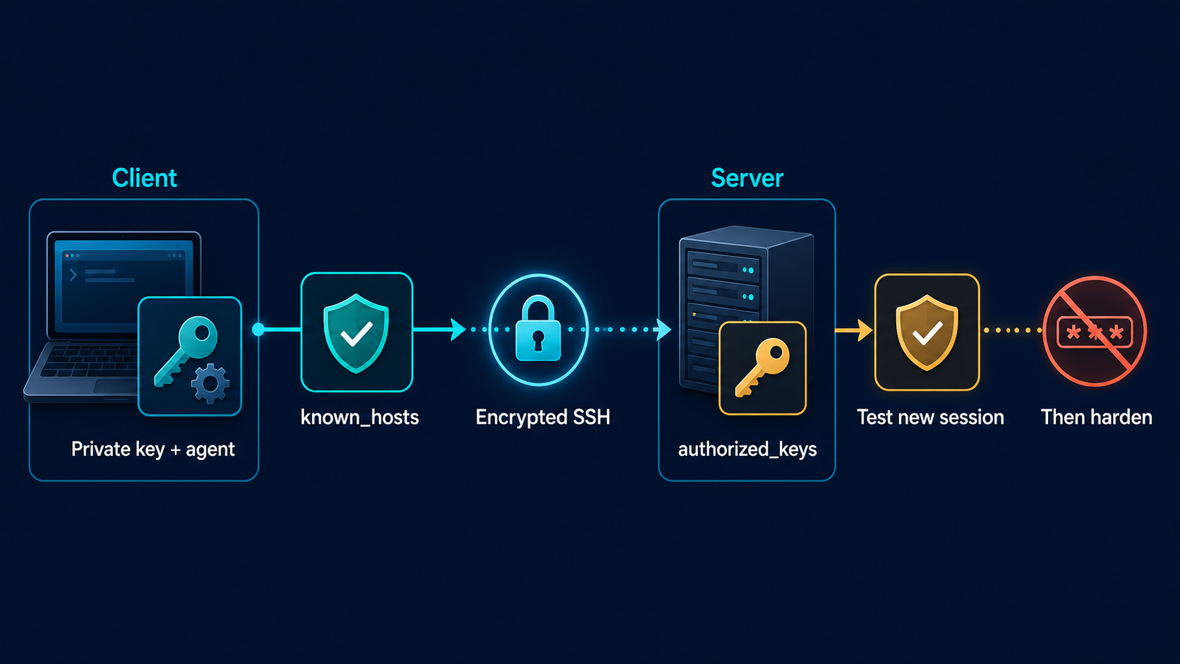 SSH 키 인증 흐름: 클라이언트 개인 키와 agent, known_hosts, 서버 authorized_keys, 새 세션 검증