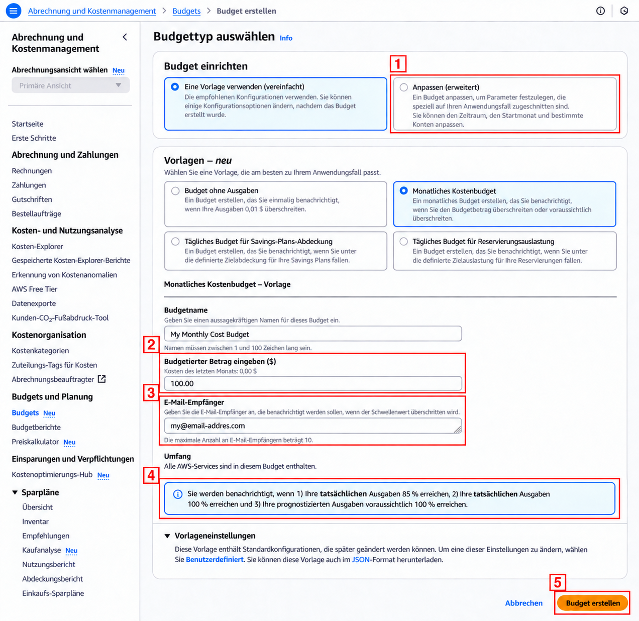Tatsächlicher Einstellungsbildschirm für AWS Budgets: Erweiterte Einstellungen, Budgetbetrag, E-Mail, grundlegende Benachrichtigungsbedingungen und die Schaltfläche zum Erstellen sind mit den roten Kästen 1 bis 5 markiert.