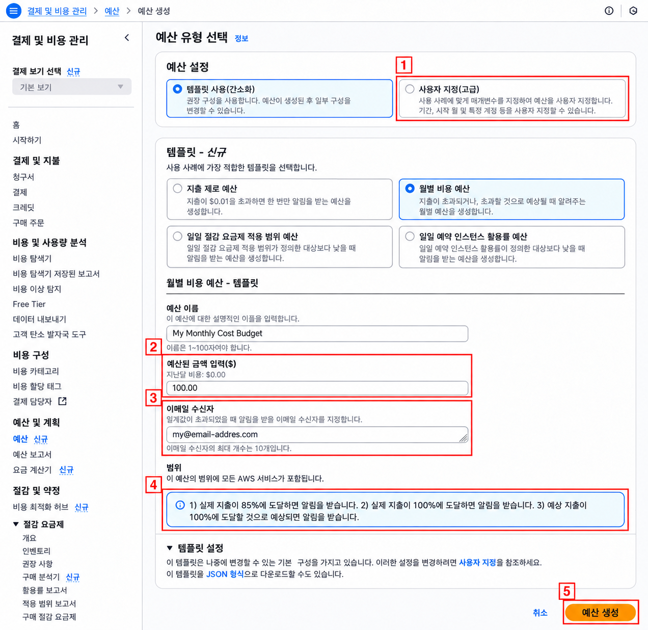 AWS Budgets 실제 설정 화면: 고급 설정, 예산 금액, 이메일, 기본 알림 조건, 생성 버튼을 빨간 박스 1~5로 표시