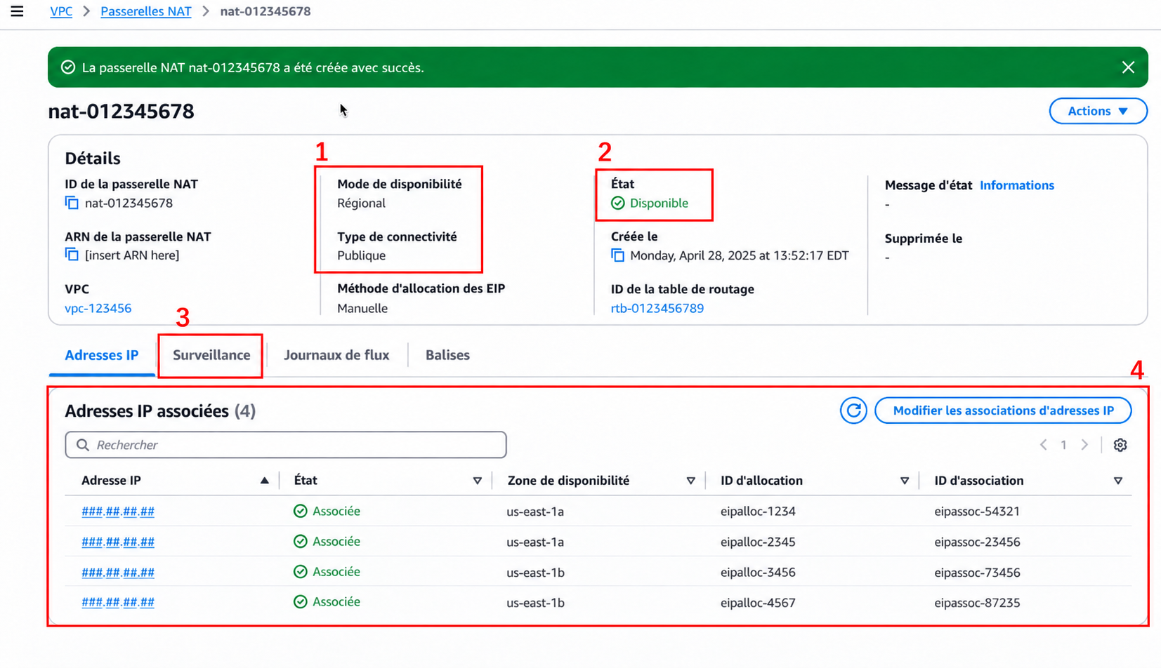 Écran officiel des détails d'une passerelle NAT régionale avec le mode, le type de connexion, l'état Available, l'onglet Monitoring et la liste des IP de connexion encadrés en rouge.
