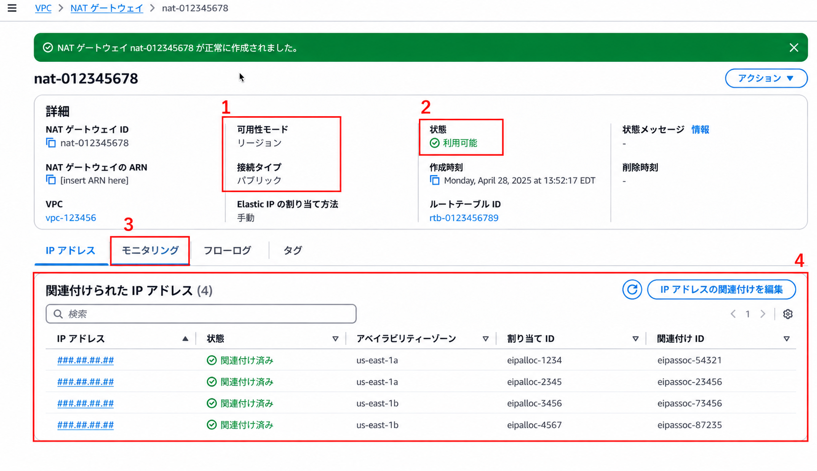Regional NAT Gatewayの公式詳細画面で、モードと接続タイプ、Available状態、Monitoringタブ、接続IPリストを赤枠で表示