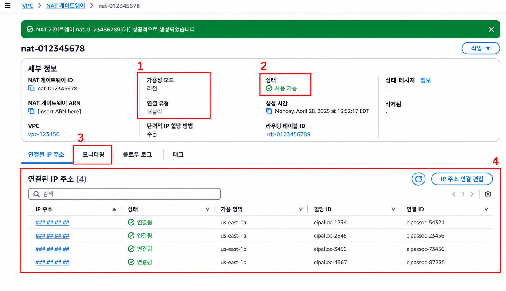 Regional NAT Gateway 공식 상세 화면에서 모드와 연결 유형, Available 상태, Monitoring 탭, 연결 IP 목록을 빨간 박스로 표시