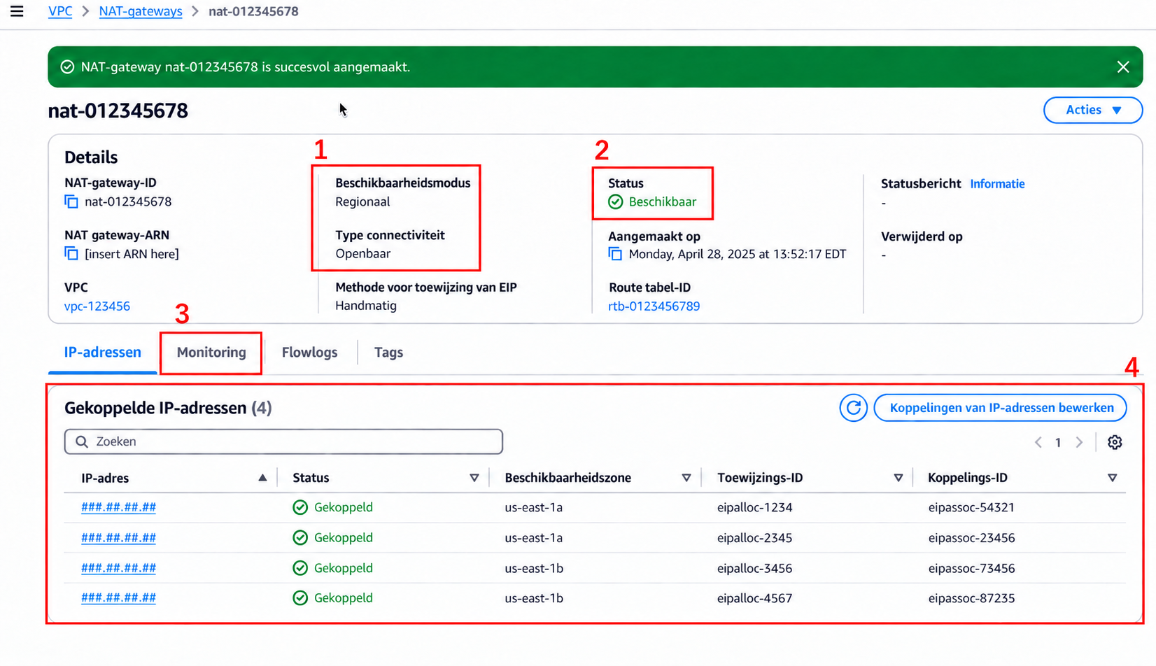Het officiële detailvenster van de Regional NAT Gateway met de modus, verbindingstype, status 'Available', het tabblad Monitoring en de lijst met verbonden IP's gemarkeerd met rode kaders.