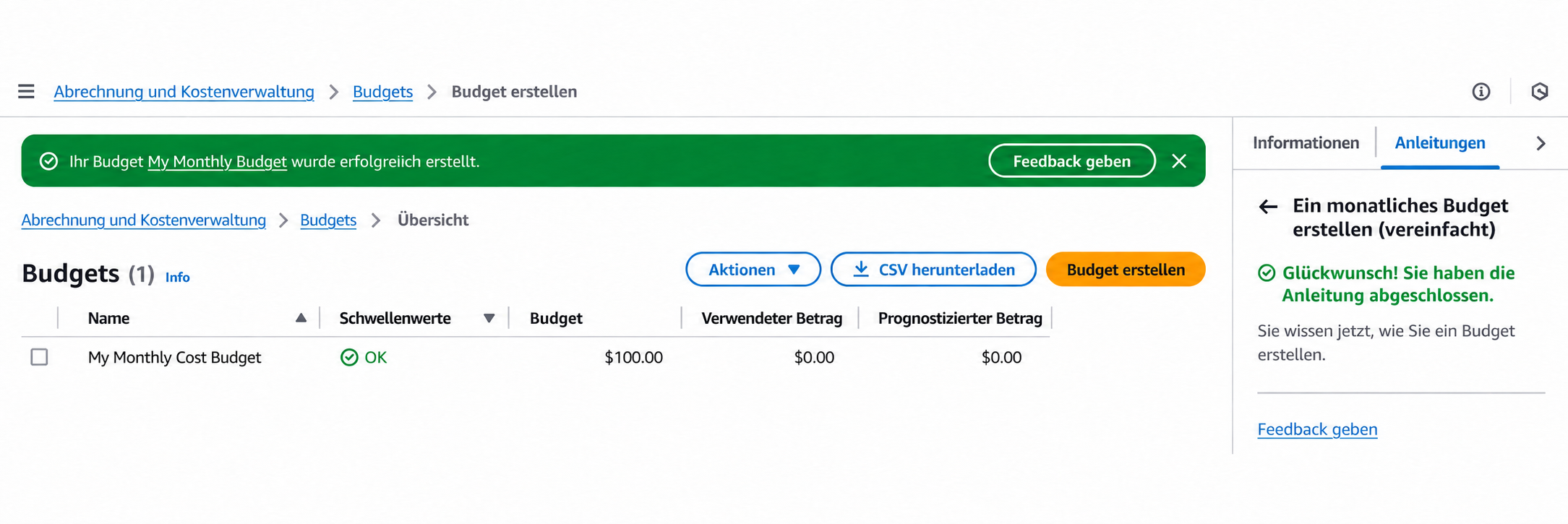 Bildschirm nach erfolgreicher Erstellung des Budgets im offiziellen AWS-Beispiel: Erfolgsmeldung oben und Überprüfung der Budgetliste