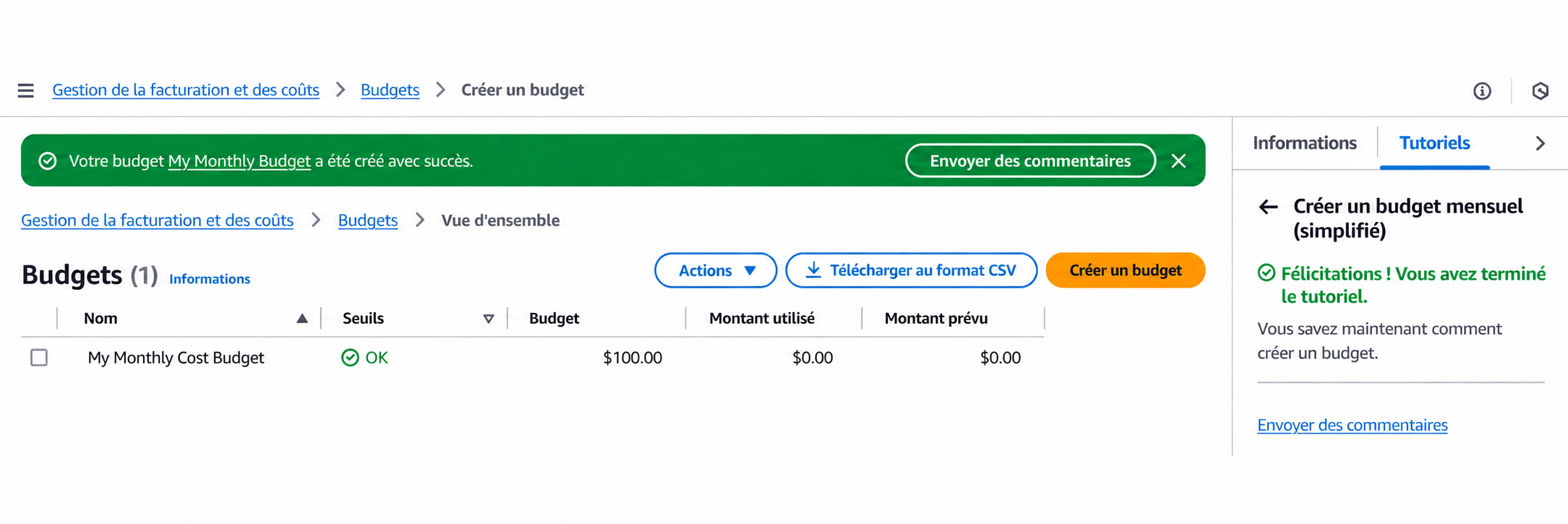 Écran de confirmation de création de budget dans l'exemple officiel d'AWS : message de succès en haut et vérification de la liste des budgets.