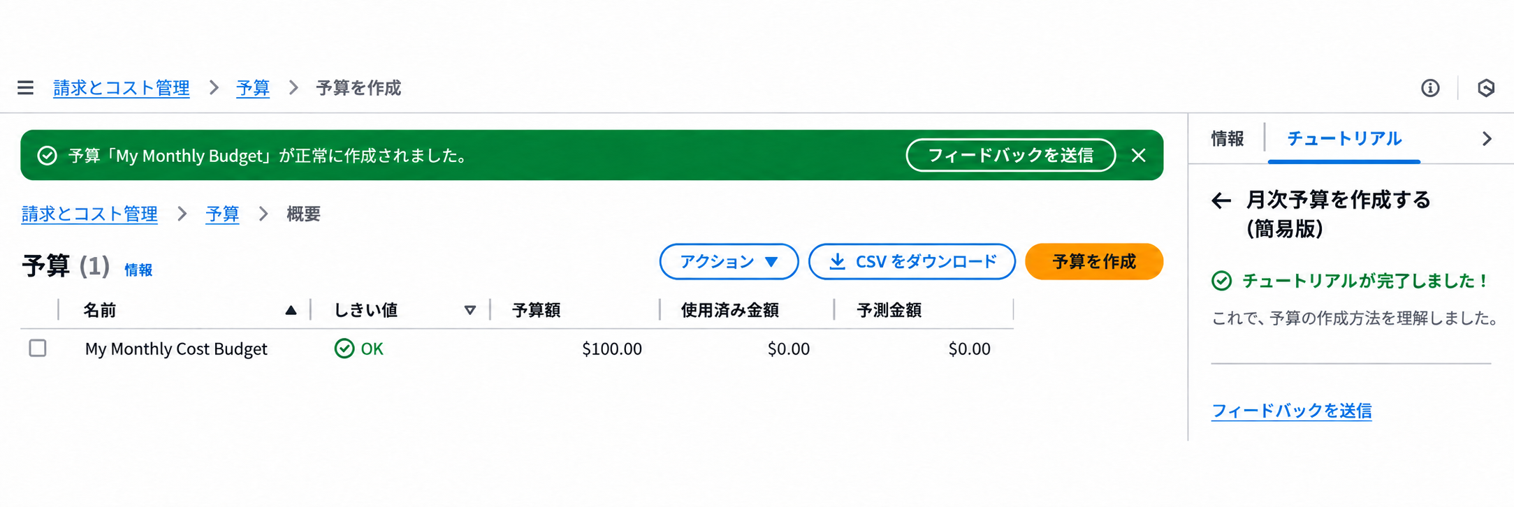 AWS公式例の予算作成完了画面:上部の成功メッセージと予算リストの確認