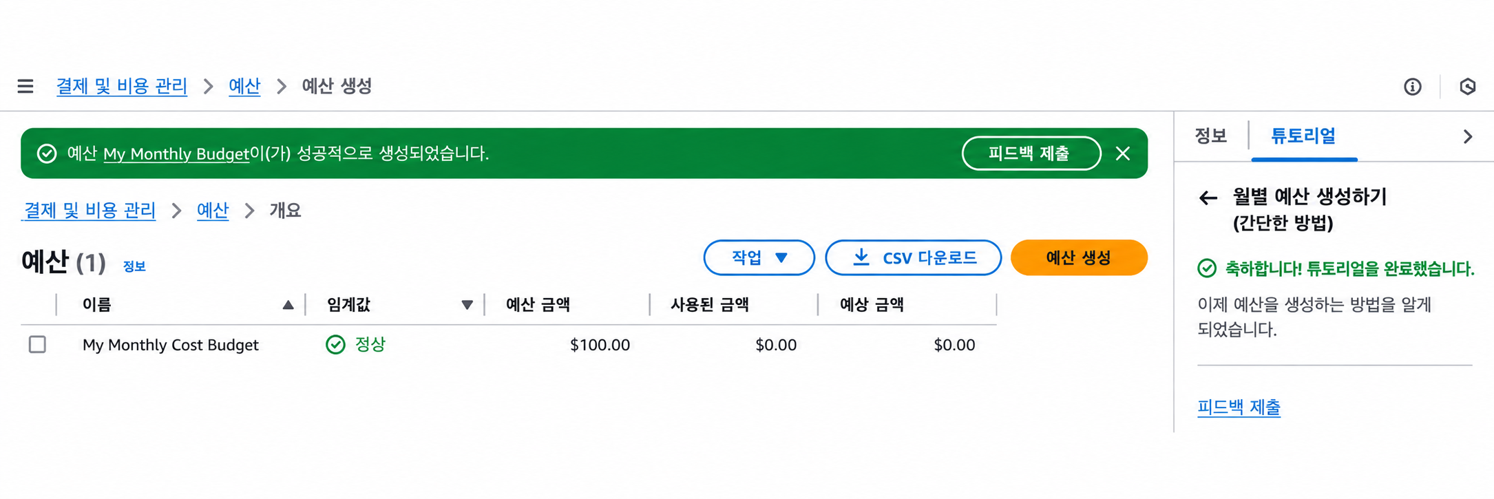 AWS 공식 예시의 예산 생성 완료 화면: 상단 성공 메시지와 예산 목록 확인