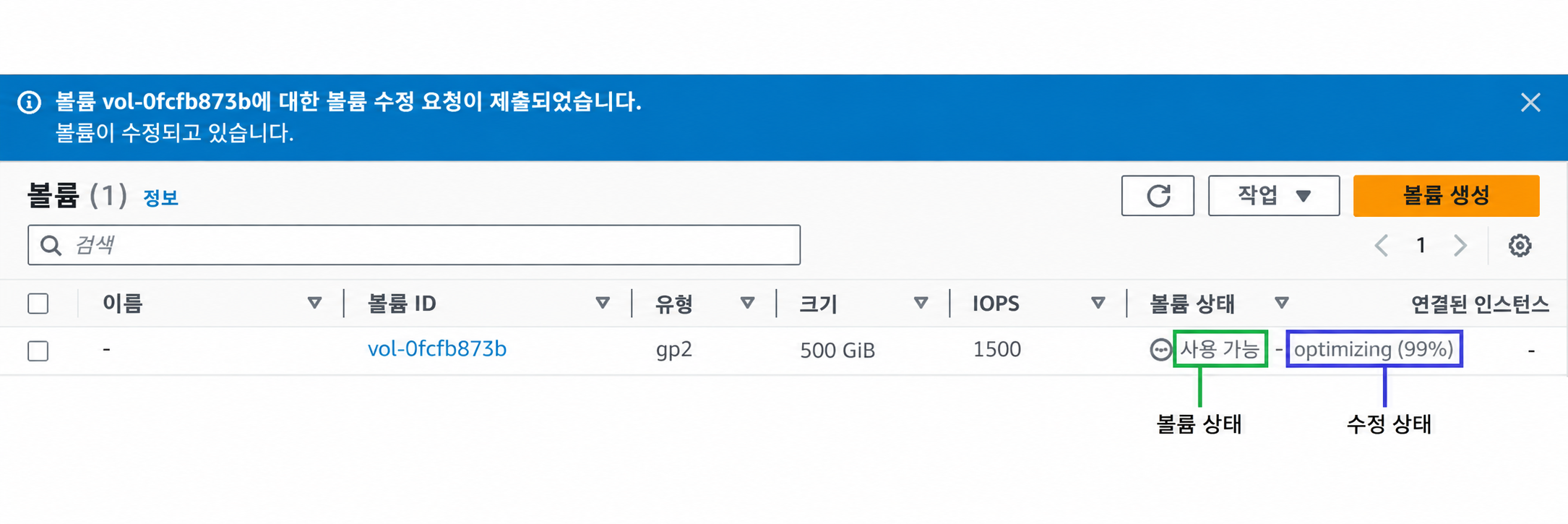 AWS EC2 볼륨 목록에서 EBS 볼륨의 Available 상태와 크기를 확인하는 실제 공식 예시 화면