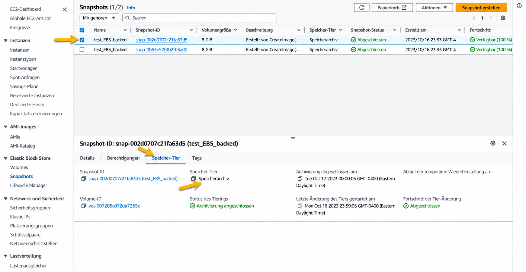 Offizielle AWS-Ansicht zur Überprüfung der Snapshot-Speicherebene über den Filter 'In meinem Besitz' und den Tab 'Storage tier' bei EC2-Snapshots