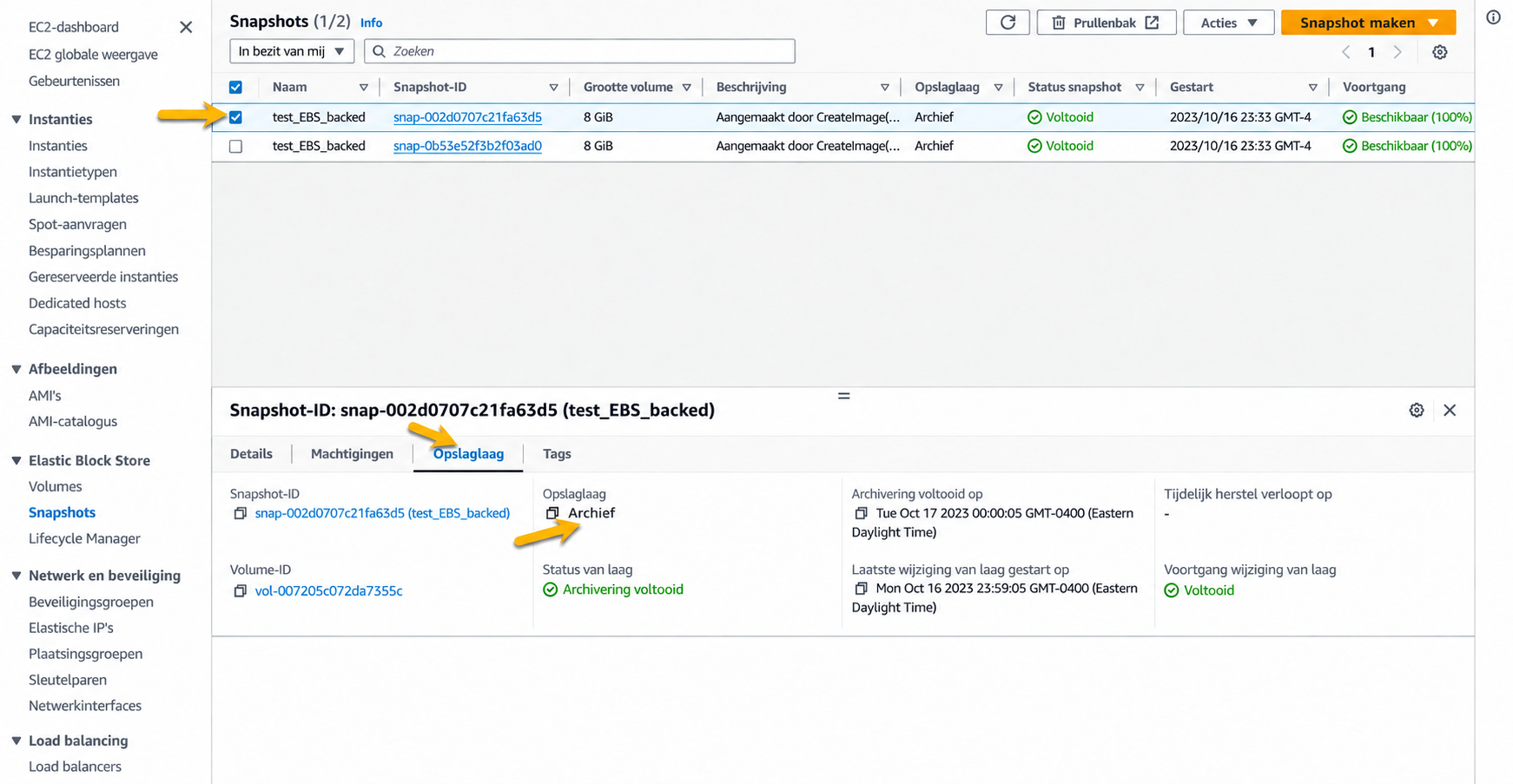 Officieel AWS-scherm voor het controleren van de snapshot-opslaglaag via het filter 'Owned by me' en het tabblad 'Storage tier' in EC2 Snapshots