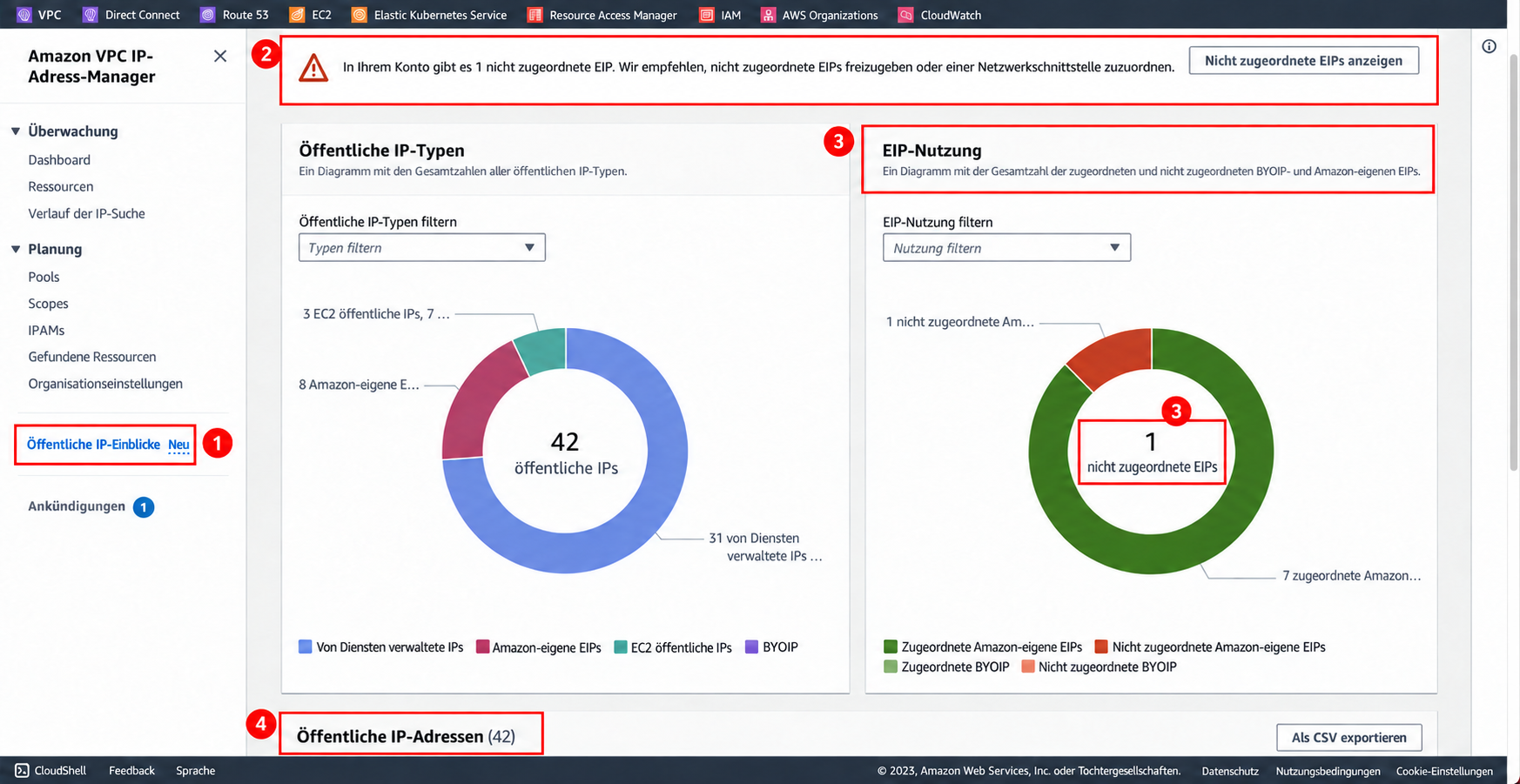 Offizieller AWS-Bildschirm für 'Public IP insights' mit roter Markierung für Menü, Benachrichtigung über nicht verbundene Elastic IPs, EIP-Nutzungsstatus und Adressliste