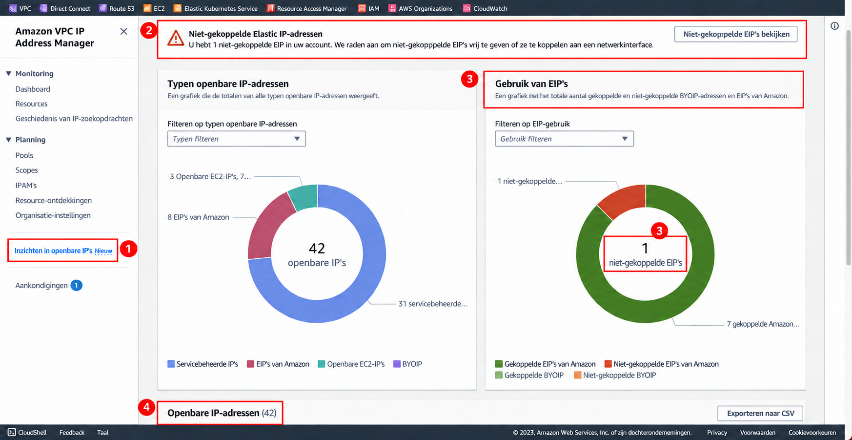 Een officieel voorbeeld van het AWS Public IP insights-scherm met rode kaders rond het menu, meldingen voor niet-gekoppelde Elastic IP's, EIP-gebruiksstatus en de adreslijst
