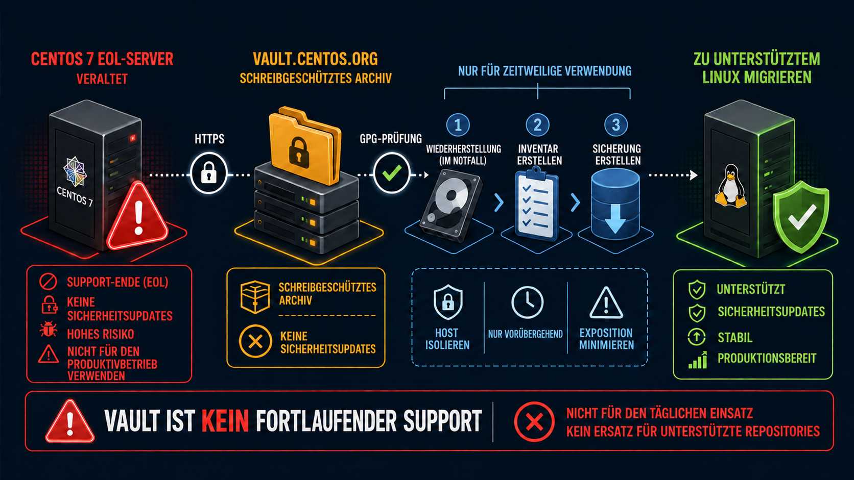 Notfallwiederherstellung mit CentOS 7 Vault: das schreibgeschützte Archiv vorübergehend nutzen und anschließend auf ein unterstütztes Linux migrieren