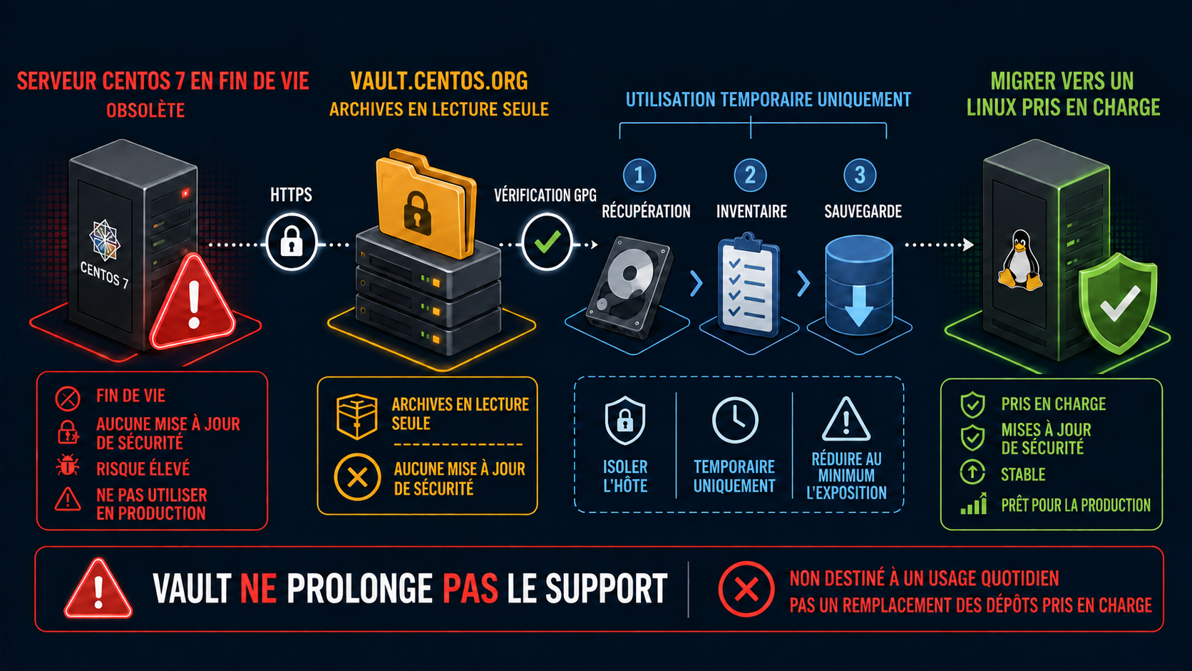 Récupération d'urgence avec CentOS 7 Vault : utiliser temporairement l'archive en lecture seule, puis migrer vers un Linux pris en charge