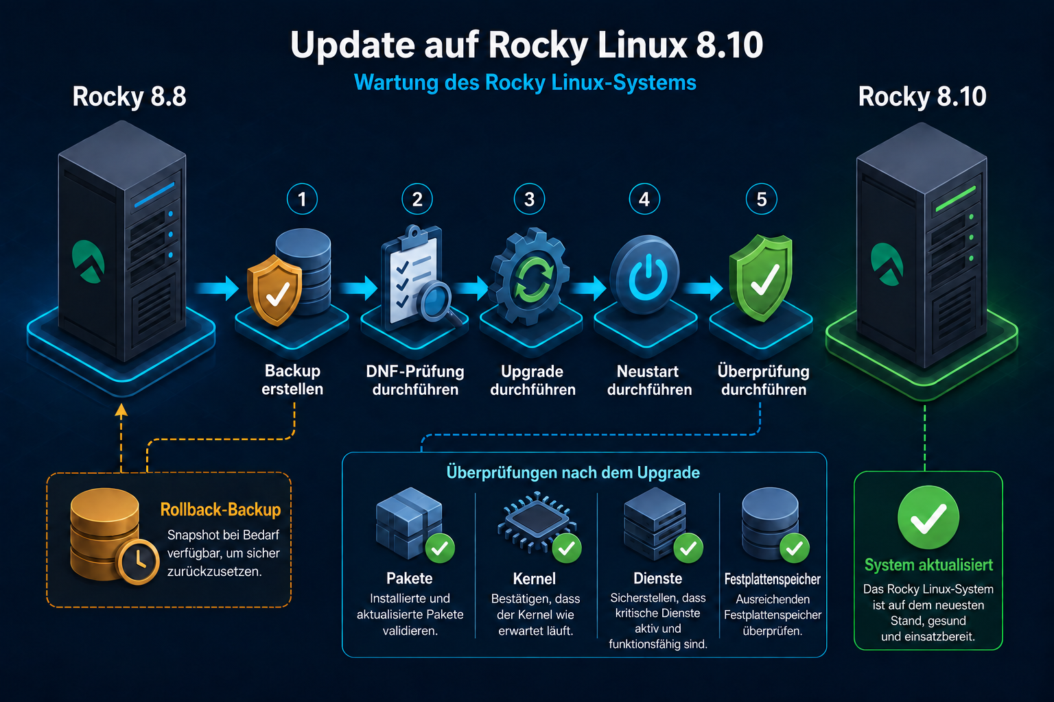 Rocky Linux 8.10 sicher einführen: Sicherung, DNF-Prüfung, Aktualisierung, Neustart und Funktionstests