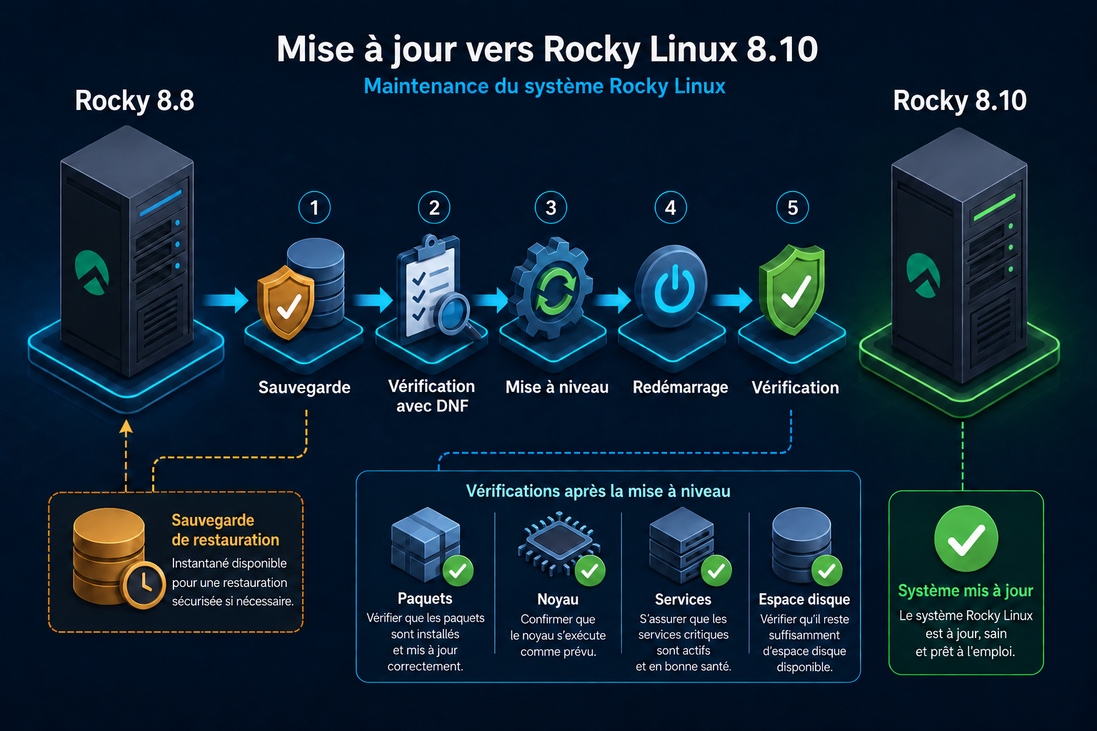 Mise à niveau sûre vers Rocky Linux 8.10 : sauvegardes, vérifications DNF, mise à jour, redémarrage et validation