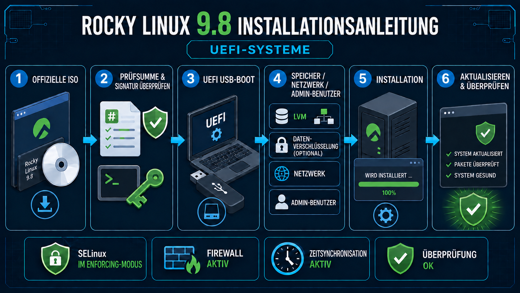 Rocky Linux Installationsprozess: ISO-Verifizierung, UEFI-Boot, Speicher/Netzwerk, Sicherheitsprüfung nach Installation