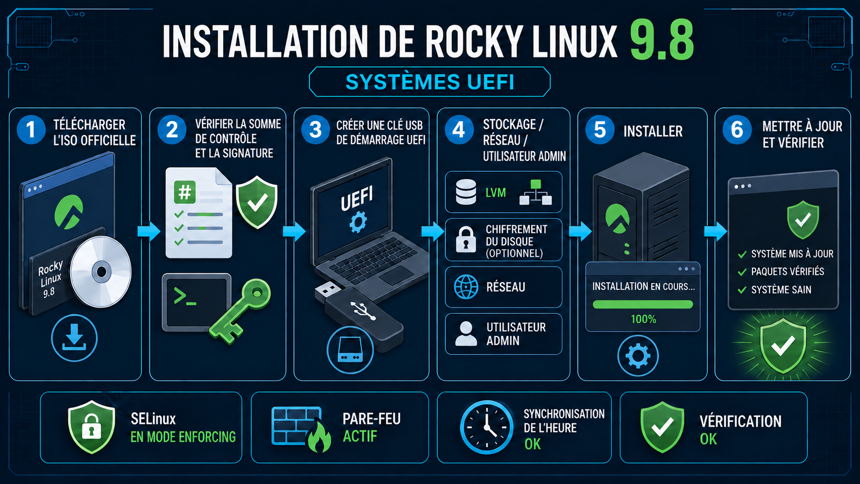 Installation Rocky Linux : vérification ISO, UEFI, stockage, réseau et contrôles de sécurité