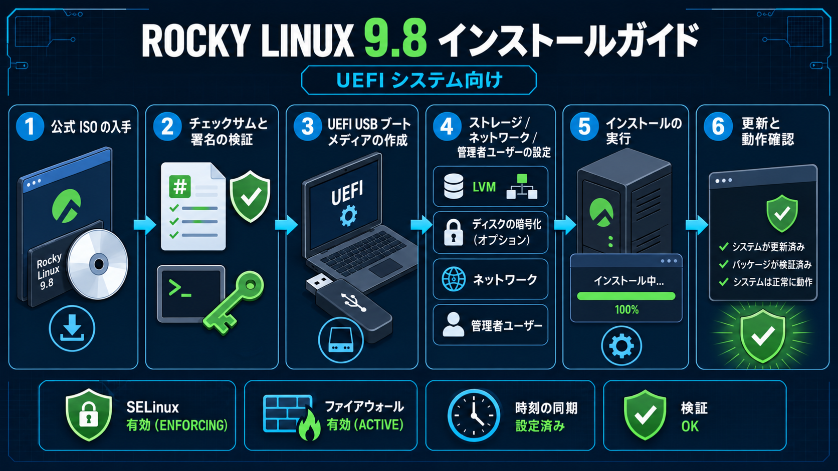 Rocky Linuxのインストール手順：ISO検証、UEFI起動、ストレージとネットワーク、導入後のセキュリティ確認