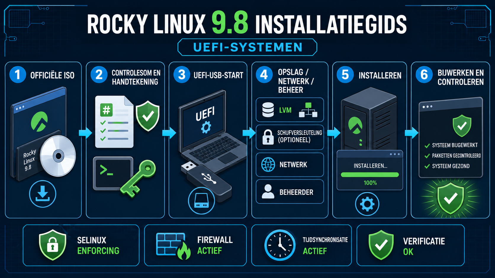 Installatieprocedure voor Rocky Linux: ISO-verificatie, UEFI-opstarten, opslag en netwerk, en beveiligingscontroles na installatie.