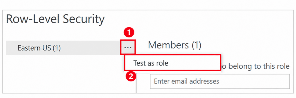 Power BI RLS 역할의 더 보기 메뉴와 Test as role 항목을 빨간 박스와 1·2번으로 표시