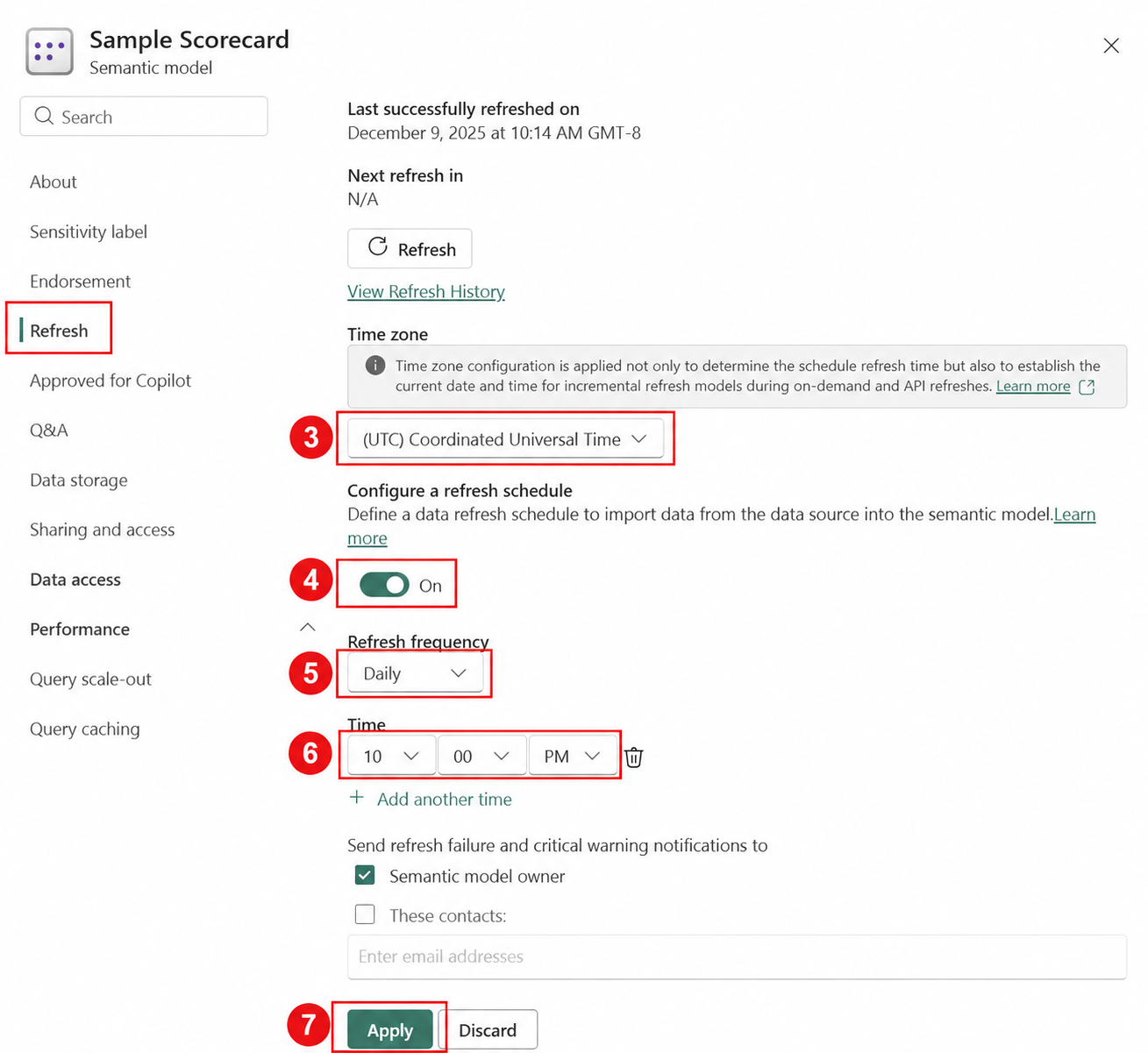 Power BI 예약 새로 고침의 ③ 시간대 ④ 활성화 ⑤ 주기 ⑥ 실행 시각 ⑦ Apply 저장 위치